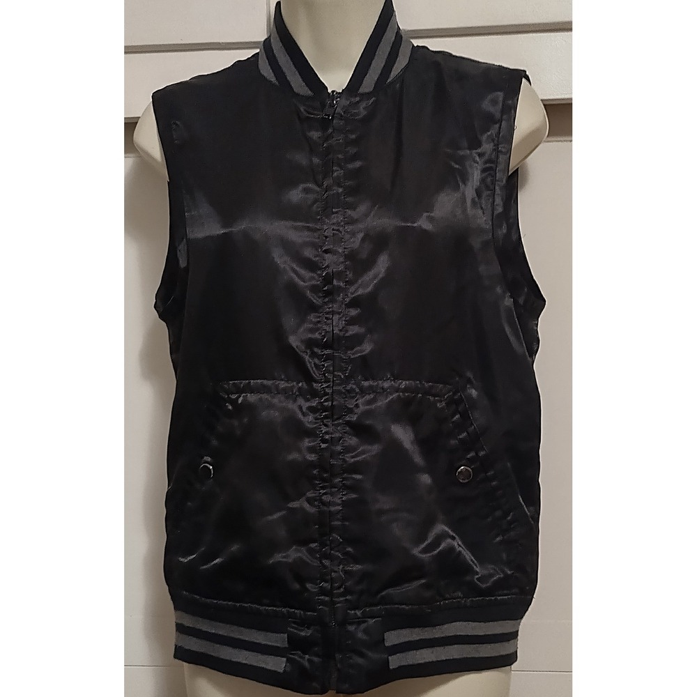 Vintage Never Sleep Black Satin Varsity Vest Size S Full Zip X Back